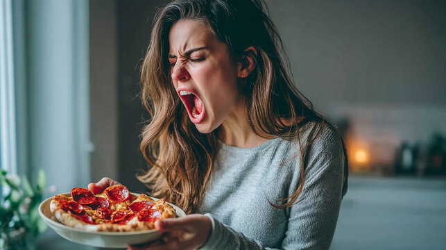 Frustrated woman looking at a pepperoni pizza with an expression of disappointment and annoyance
