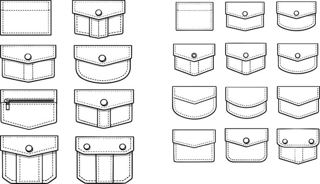 Technical fashion sketches of multiple pocket design variations with flaps, buttons, zippers, and stitching construction details