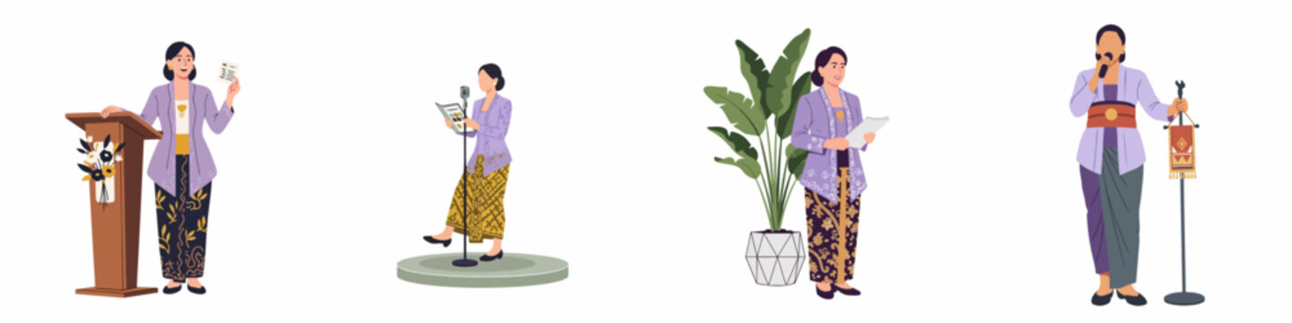Set of Indonesian women in traditional kebaya and batik sarongs acting as master of ceremonies and public speakers in flat vector style.