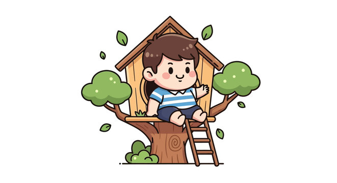 Happy child sitting in a treehouse with green trees.