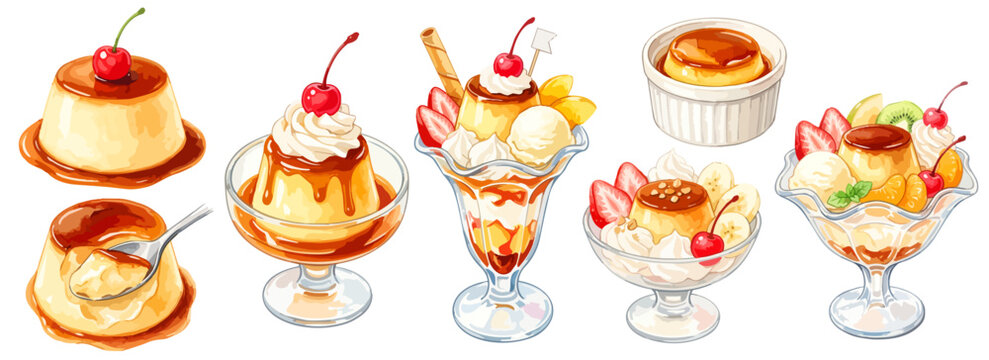 レトロなプリンアラモードとカスタードプリンのスイーツ水彩イラスト｜喫茶店 純喫茶カフェのデザート素材