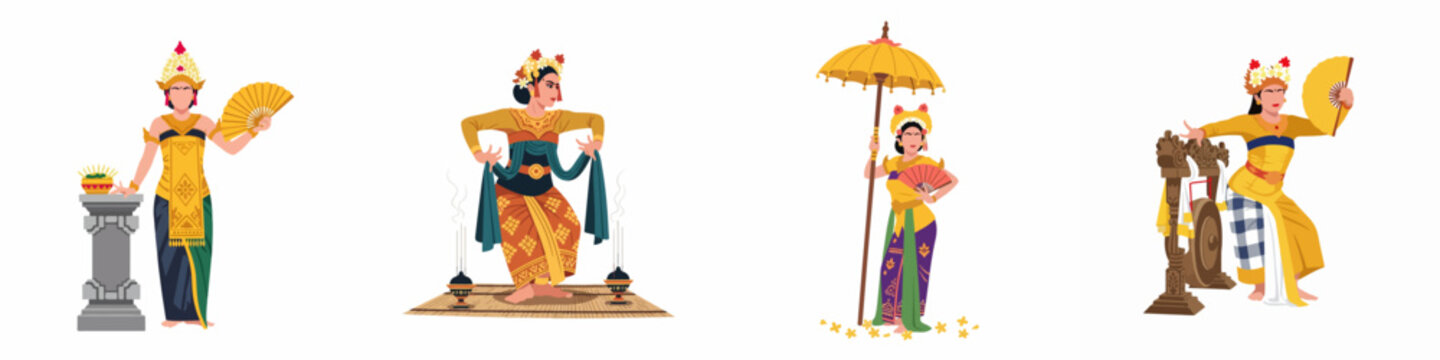 Collection of Traditional Balinese Dancers in Ethnic Costumes, Performing Indonesian Cultural Dances with Ritual Objects like Fans, Umbrellas, and Offerings