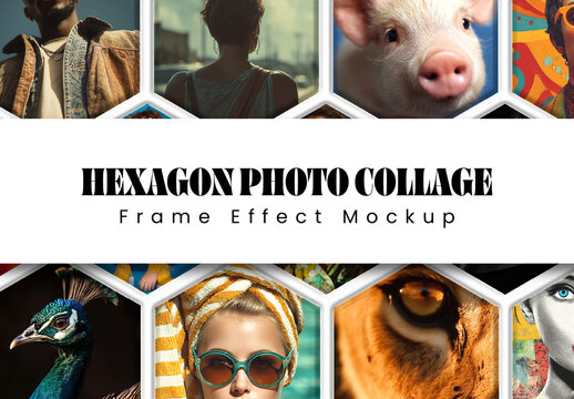 Hexagon Photo Collage Frame Effect Mockup