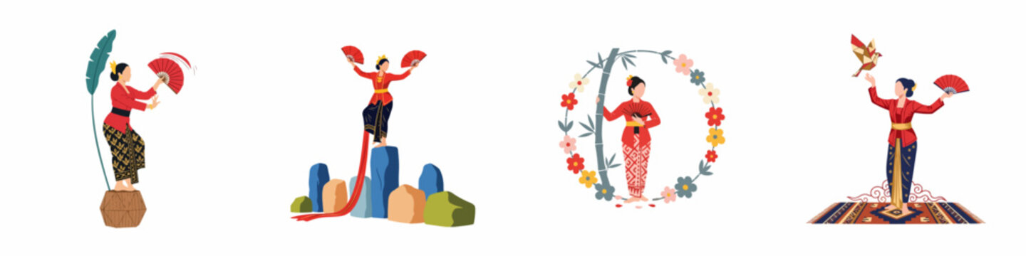 Set of four flat illustrations depicting traditional Indonesian female dancers wearing kebaya and batik, performing with fans and cultural elements on a white background.