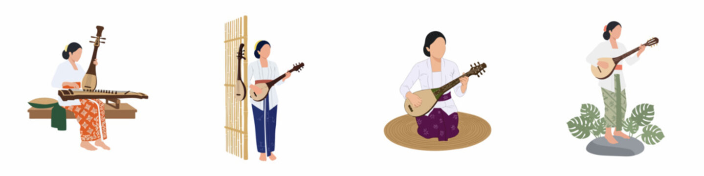 Flat vector illustration set of Indonesian women in traditional kebaya playing folk musical instruments like the kecapi and lute on a white background.