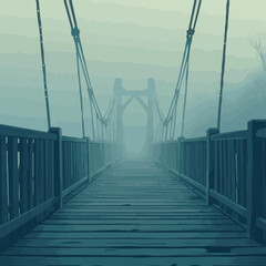 Fototapeta premium A foggy morning view of a secluded suspension bridge in a tranquil landscape creates a serene atmosphere.