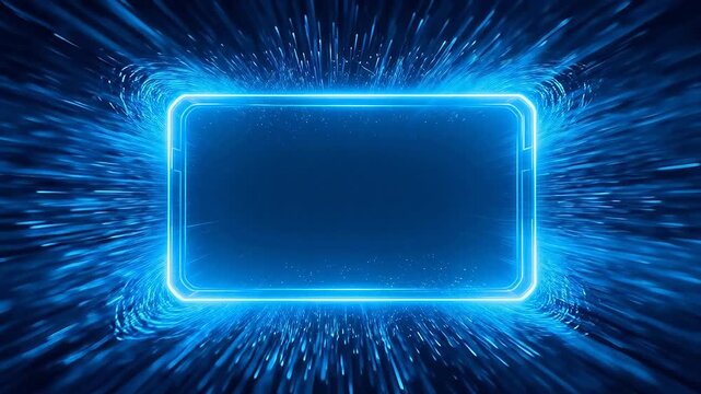 Blue glowing rectangular frame with radiating light points on dark background