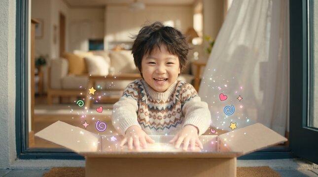 A happy little Asian boy opens a gift box featuring magic glowing light and colorful cartoon graphics at house