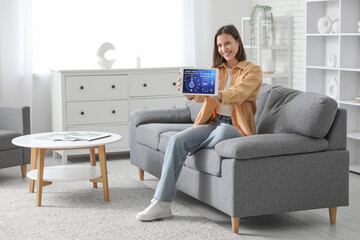 Obraz premium Young happy woman holding tablet with smart home security system control panel on sofa in room
