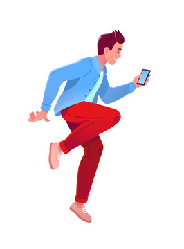 Vector cartoon illustration of a smiling young man jumping with a smartphone. Ideal for mobile banking, online shopping, social media communication, digital marketing, and youth lifestyle. 