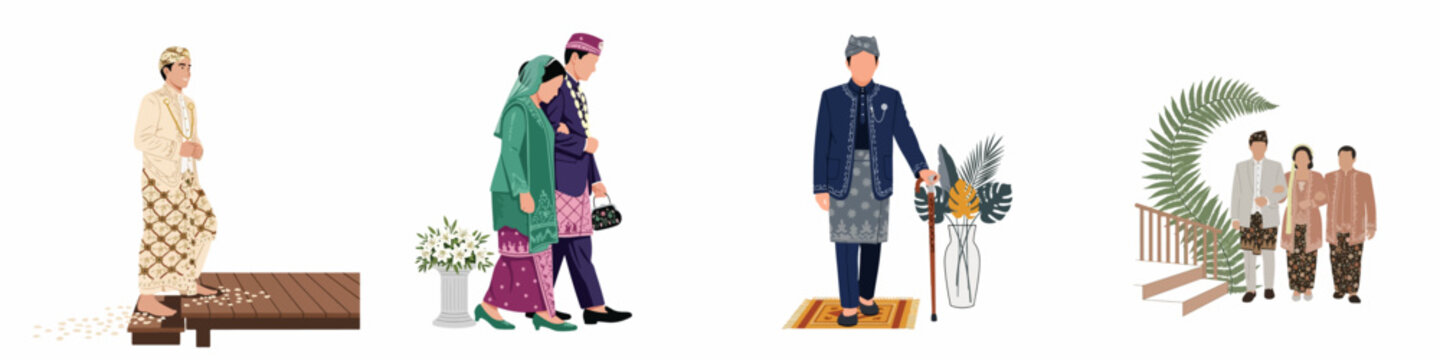 Flat vector illustrations of diverse people in traditional Indonesian wedding attire, highlighting cultural heritage, ceremonies, and elegant ethnic clothing.
