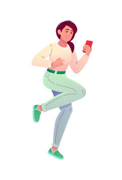 Vector cartoon illustration of a smiling young woman jumping with a smartphone in hand. Perfect for social media, online communication, digital marketing, and modern youth lifestyle concepts.
