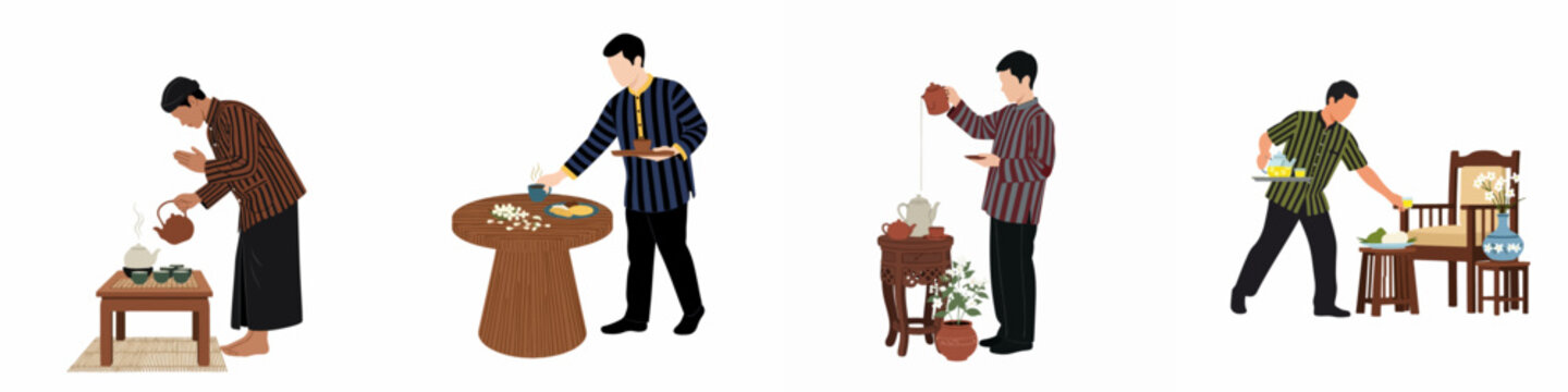 Collection of flat vector illustrations depicting men in traditional Javanese attire serving tea and snacks in various cultural settings.