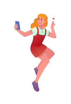 Vector cartoon illustration of a happy ginger girl jumping, taking selfie on smartphone and showing finger heart gesture. Isolated on white background. Ideal for social media and youth concepts.