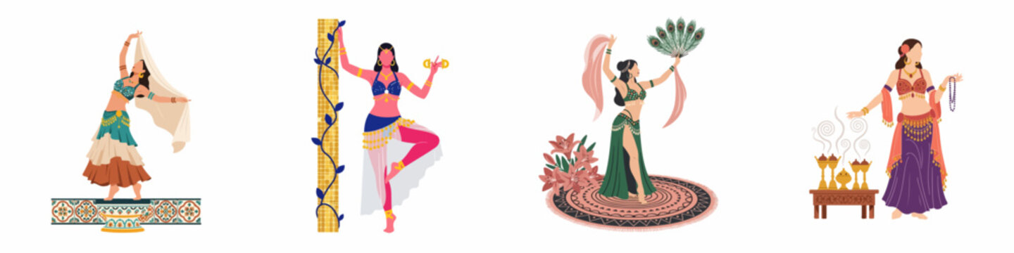 Set of elegant belly dancers in traditional costumes performing various poses with veils, fans, and accessories, isolated on a white background.