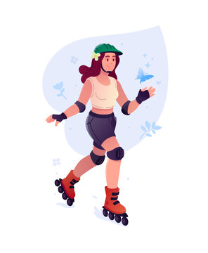 Young woman inline skating in safety helmet and protective gear vector illustration. Happy girl rollerblading with blue butterfly. Active summer outdoor sport, healthy lifestyle concept.