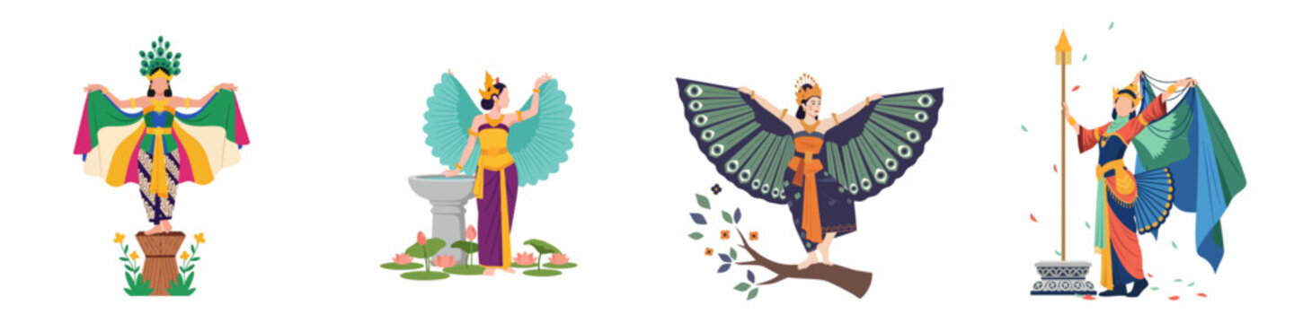 Flat vector illustrations of traditional Indonesian dancers in bird-themed costumes, including peacock and mythical motifs, isolated on a white background.