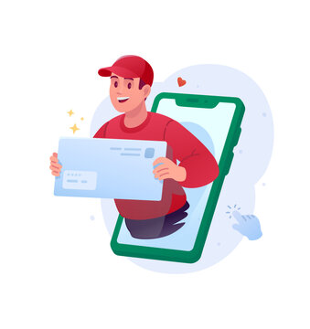 Man holding blue envelope appearing from smartphone screen vector illustration. Online mail shipping, digital email notification and mobile newsletter marketing concept.