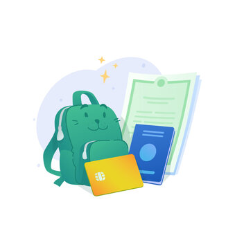 Cute kids green backpack with documents and bank card vector illustration. Child travel passport, student insurance certificate, youth banking and allowance concept.