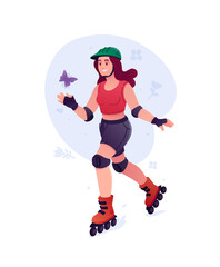 Obraz premium Young woman rollerblading in helmet and protective gear vector illustration. Happy girl skating on roller skates. Active summer outdoor sport, healthy lifestyle concept.