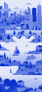 Blue city landscape vector illustration with river, buildings and transport. Monochrome vertical cityscape background, urban property architecture and eco environment concept.