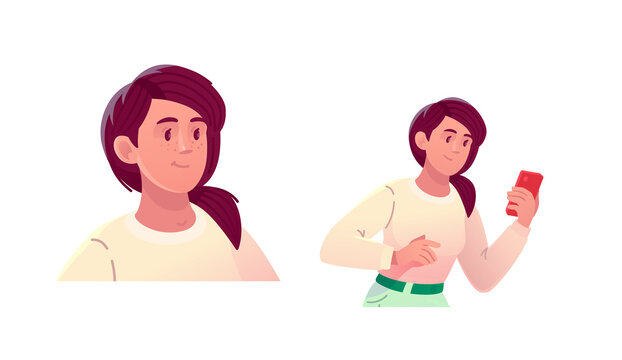 Happy woman avatar and portrait with smartphone vector character set. Vector illustration of a smiling young girl with a mobile phone and profile icon, ideal for app design and social media.