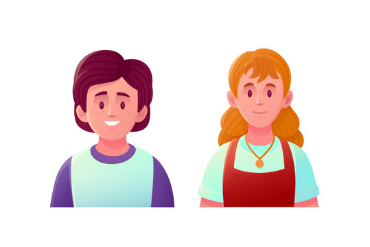 Illustration of a smiling teenage boy with freckles and a young ginger-haired girl. Flat cartoon avatars isolated on white background. Ideal for user profiles, web design, and school projects.