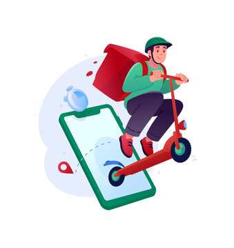 Delivery man riding scooter out of smartphone screen vector illustration. Couriers fast food delivery service, online tracking application and express logistics concept.
