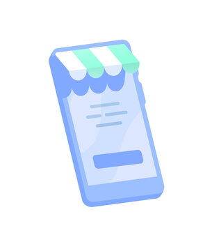 Smartphone with shop awning on screen vector illustration. Online shopping, mobile e-commerce, digital retail store application, marketplace buying and selling concept.