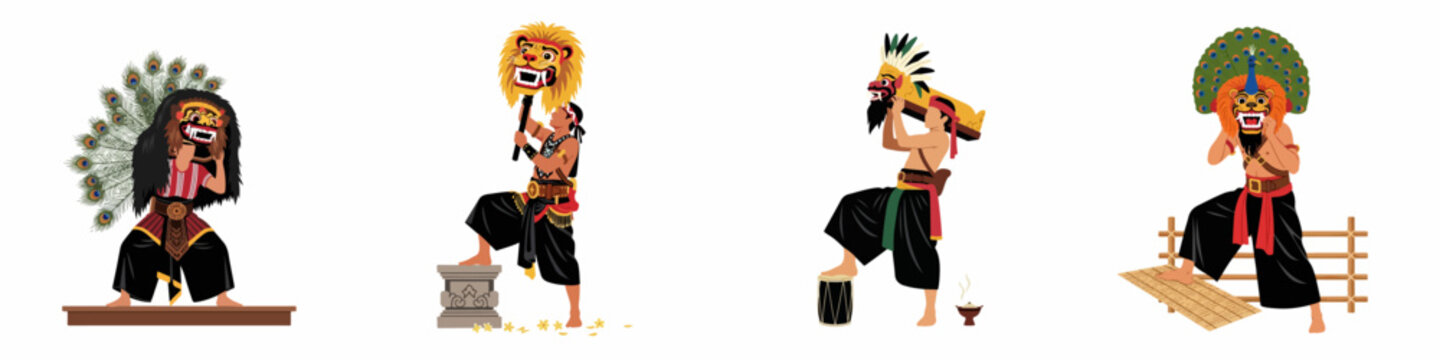 Illustration set of Indonesian Reog Ponorogo traditional dancers featuring iconic masks and peacock feathers isolated on a white background.