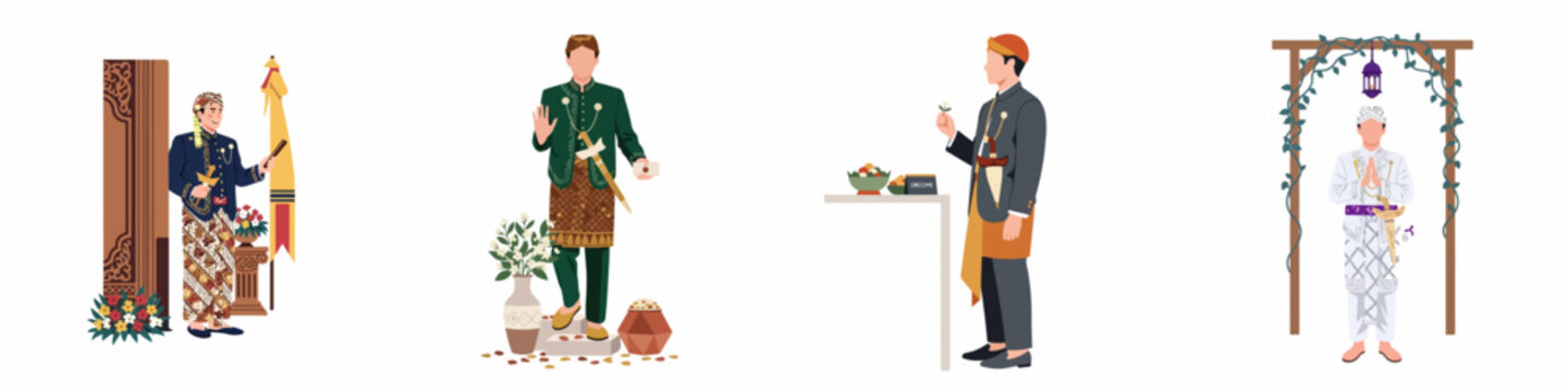 Illustration set of men wearing traditional Indonesian wedding costumes, including Javanese and Sundanese attire with batik and kris accessories.