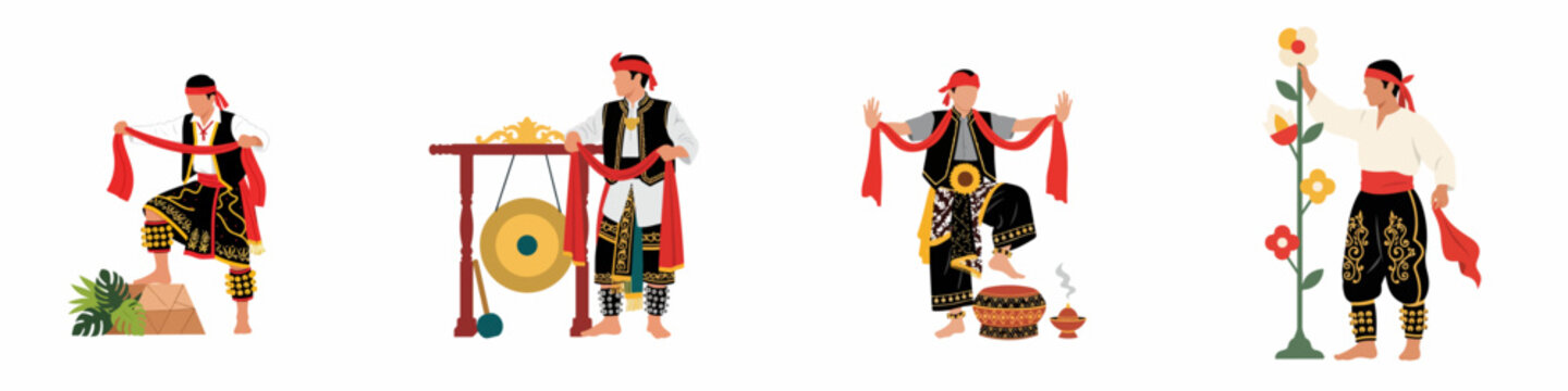 Illustrations of Indonesian men in traditional costumes performing cultural dances and rituals featuring a gong, incense, and floral staff on white background.