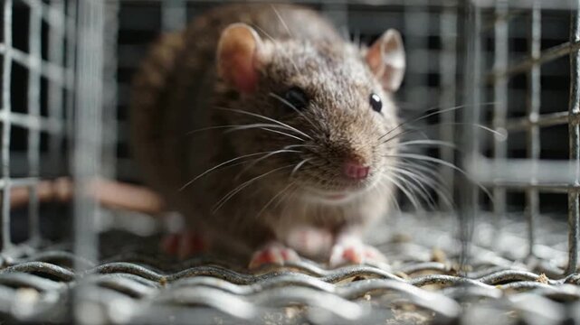 Close up of a wild rat trapped inside a metal cage.