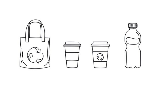 An illustration of eco-friendly reusable bag, coffee cup, takeout cup, and plastic bottle with recycle symbols on them.