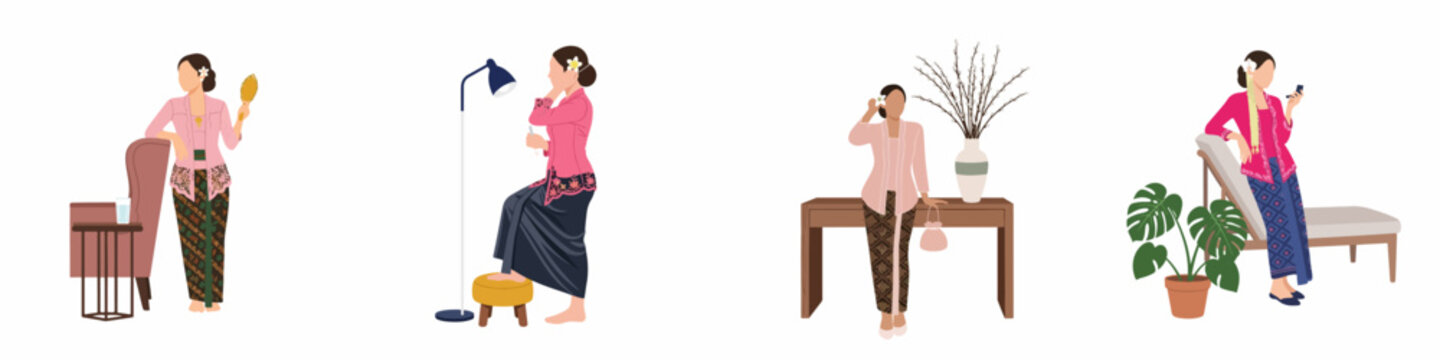 Flat vector illustrations of elegant women wearing traditional Indonesian kebaya and batik in various domestic settings, isolated on white background.