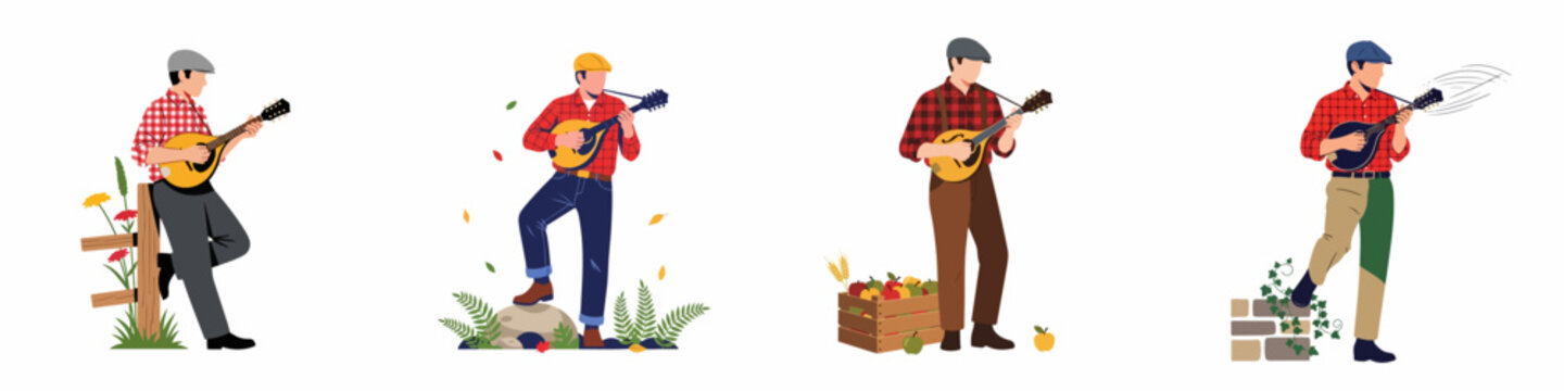 Set of illustrations showing a man in a flat cap and plaid shirt playing a mandolin in various outdoor farm and garden scenes.