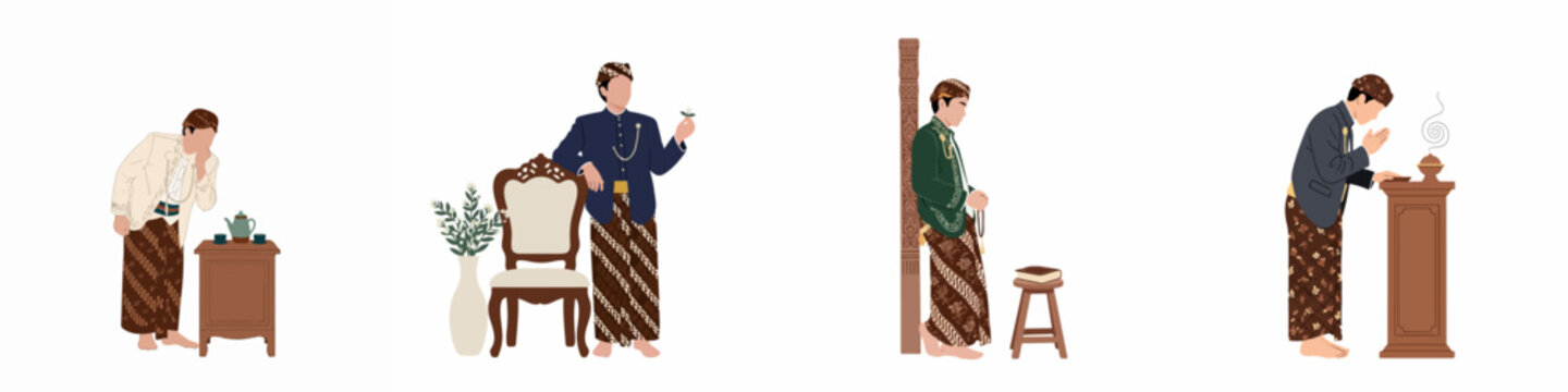 Collection of Javanese men in traditional wedding attire performing various cultural and spiritual rituals in a minimalist flat illustration style.