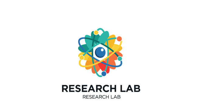 Colorful Abstract Atom Symbol for Research Lab.