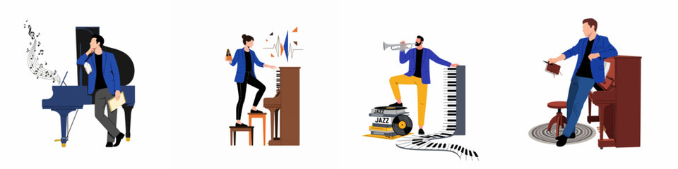 Set of creative flat vector illustrations featuring musicians and pianists playing and interacting with grand and upright pianos in various artistic scenarios. © Nadya