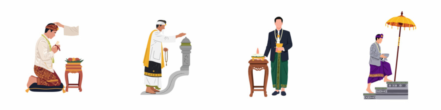 Set of flat vector illustrations depicting various traditional Indonesian and Balinese cultural rituals, religious ceremonies, and spiritual practices.