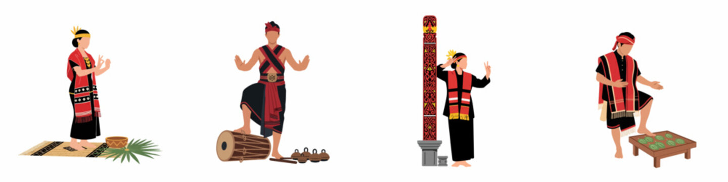 Collection of illustrations showing people in traditional Batak North Sumatra costume performing cultural activities, including dance and music, isolated on white background.