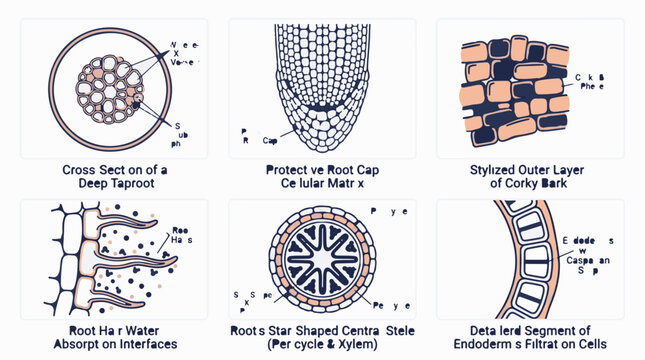 Vector illustration of plant root and bark anatomy diagrams, including taproot cross-section, root cap, corky bark, root hair absorption, stele, and endodermis cells.