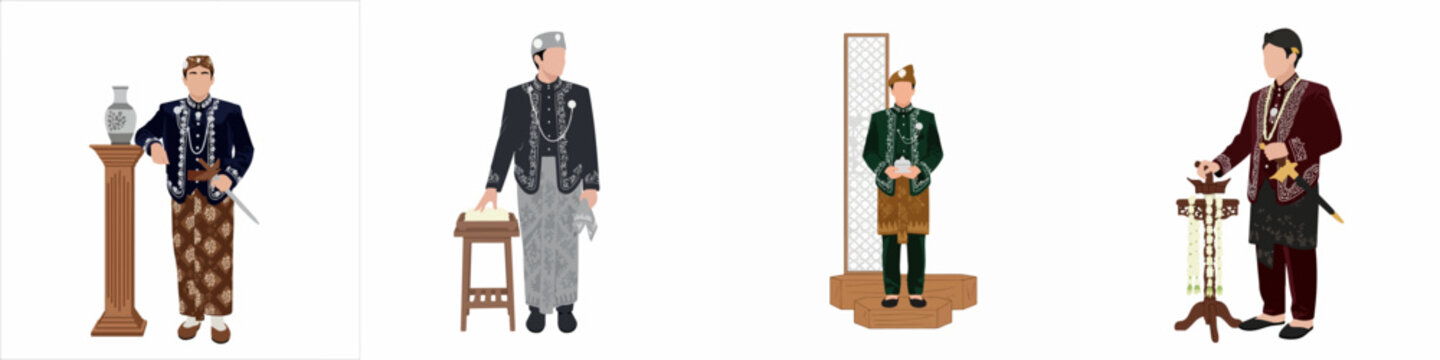 Illustrations of men in traditional Javanese wedding attire, including Beskap jackets, batik sarongs, and blangkon, showcasing various colors and styles.
