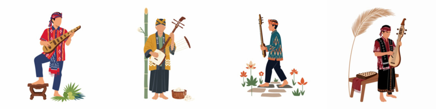 Set of four illustrations depicting men in traditional Southeast Asian attire playing various indigenous stringed musical instruments against a white background.