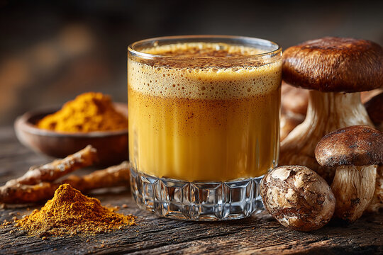 Golden turmeric latte, mushrooms, spices, healthy drink, wellness beverage