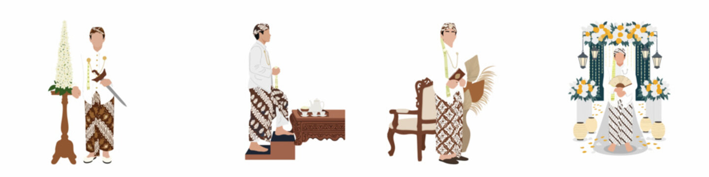 Illustration set of a Javanese groom in traditional white wedding attire, featuring various ceremonial poses and decorative elements on a white background.