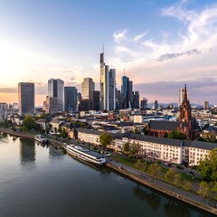 Obraz premium A serene cityscape with a river and modern skyline at sunset
