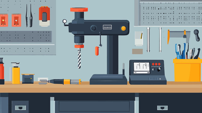 Workshop with drill press, tools, containers, and control panel