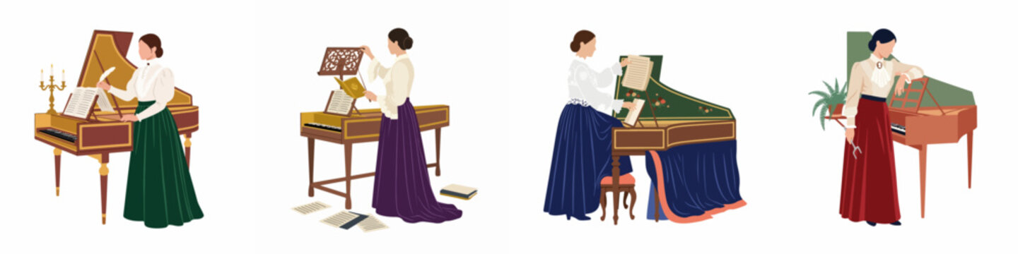 Set of minimalist flat vector illustrations featuring elegant women in historical dress playing and interacting with harpsichords against a white background.