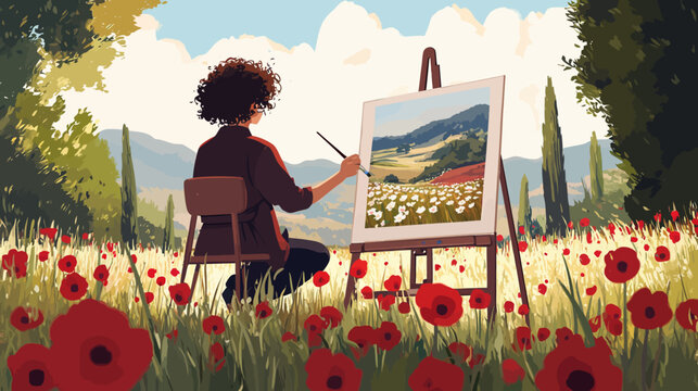Woman painting landscape scene of mountains and flowers outdoors